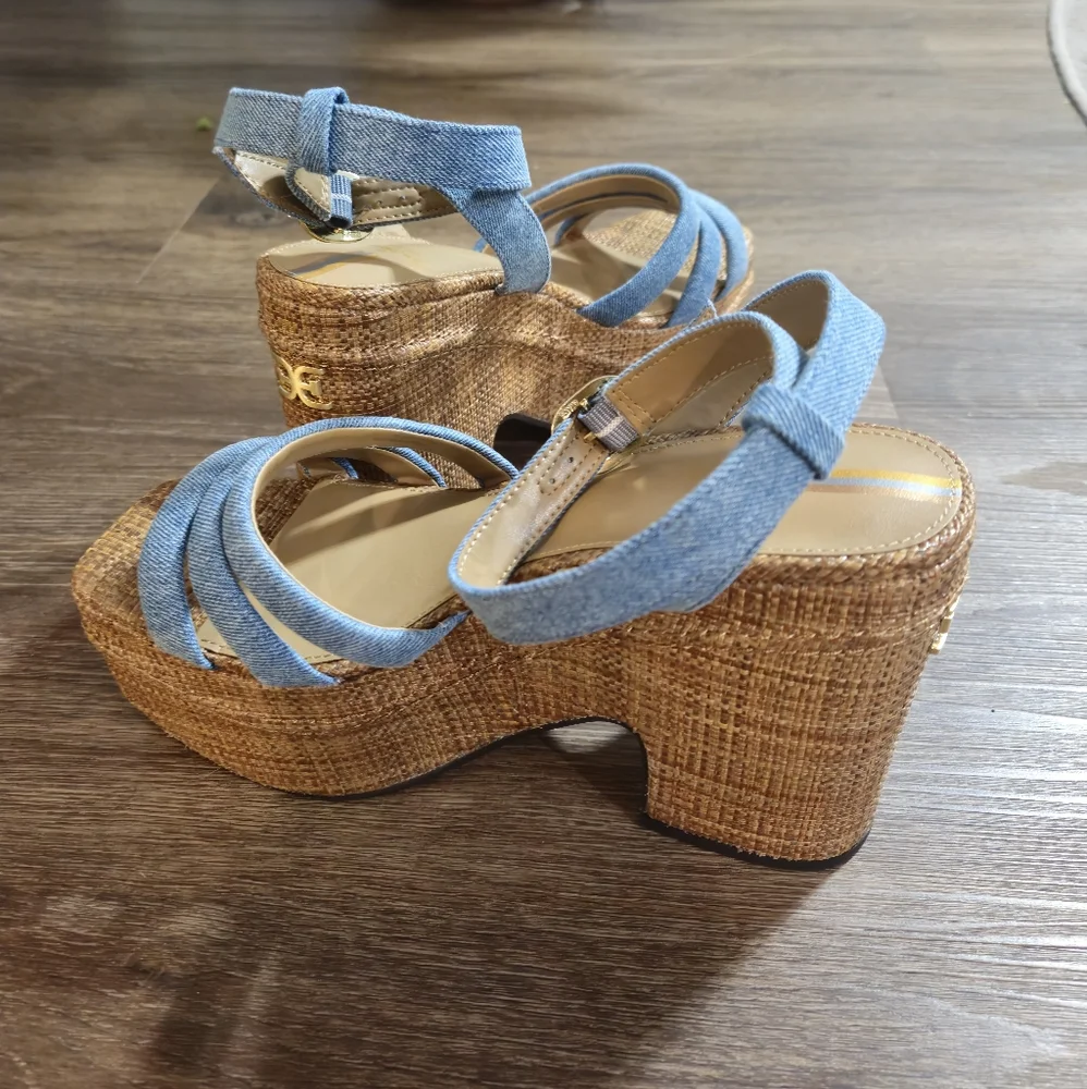 Sam Edelman Tibby Blue Denim Platform Wedge Sandals Sz 8.5 - Picture 7 of 12